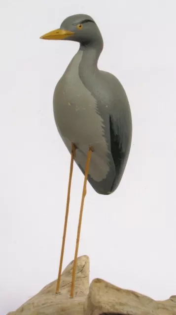 Vintage Hand Carved & Painted Great Blue Heron Drift Wood Carving Signed Poisson