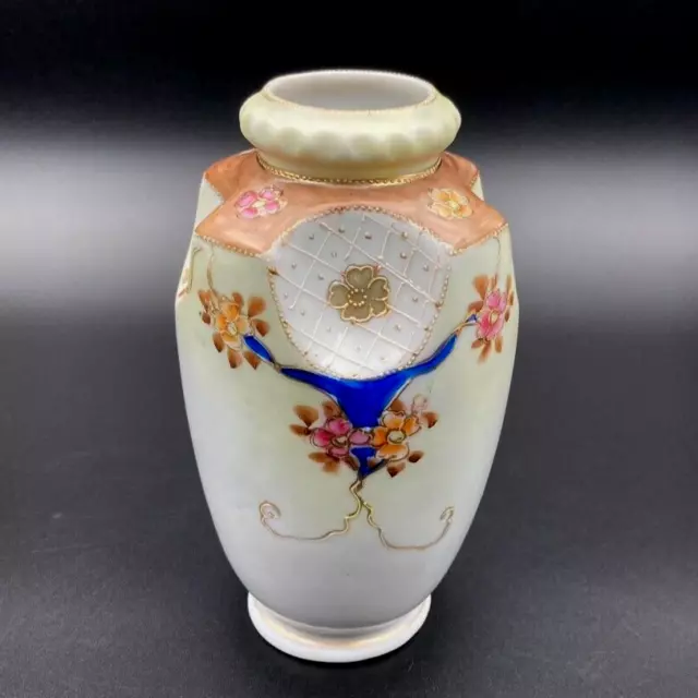 Vtg Moriage Hand Painted Japan Porcelain Vase Jeweled Pink Gold Blue Floral 6"