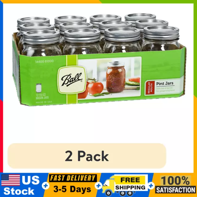 (2 pack) Ball Regular Mouth 16oz Pint Mason Jars with Lids & Bands, 12 Count