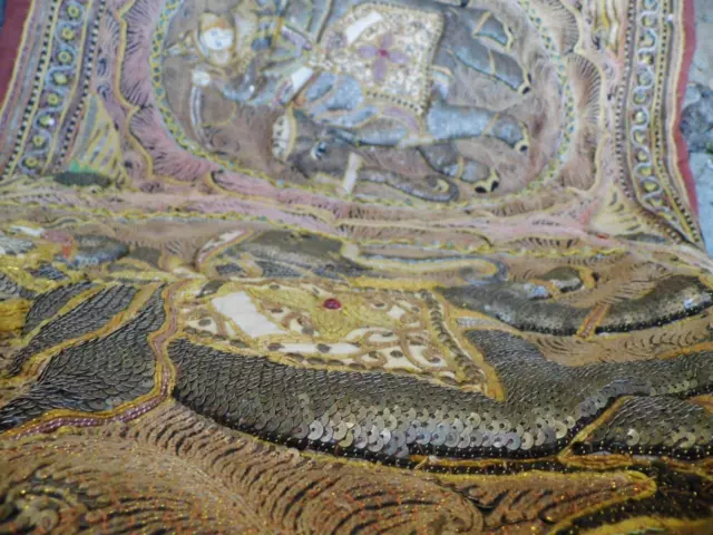 Fine Antique Burmese Kalaga Wall Tapestry Bead Glass Sequins Elephant Embroidery 11