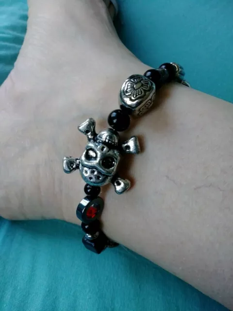 Gothic Chunky Skull Silver & Black Beaded Ankle Bracelet