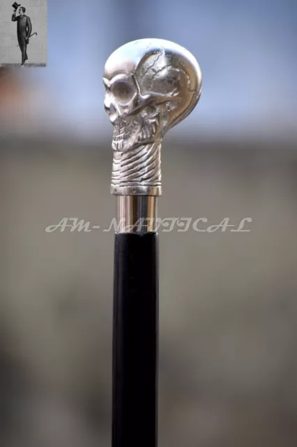 Silver skull Head Handle Wooden Walking Cane Stick Antique Style Vintage Gift