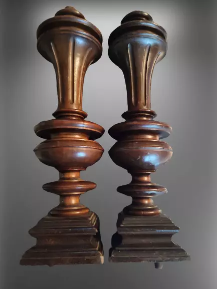 14" French Antique Pair Carved Wood Trim Posts Pillars Columns Oak