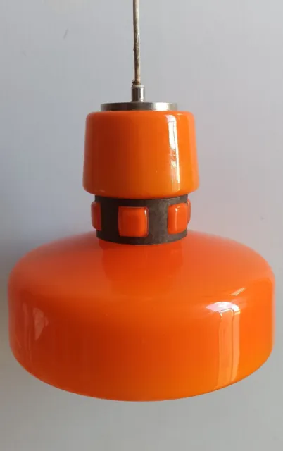 Beautiful Vintage Blowed Glass Orange Pendant Lamp With White Interior - 60'S