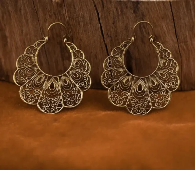 Large Vintage Afghan Gold Plated Gypsy tribal Mandala Brass Boho Hoops earrings