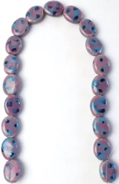 19 Glazed Purple with Blue & Black Spots Porcelain Oval Puffed Beads 19x15mm New
