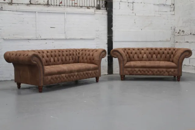 Chesterfield Sofa Pair in Tan Aniline Leather from Crest (Brunel Walnut)