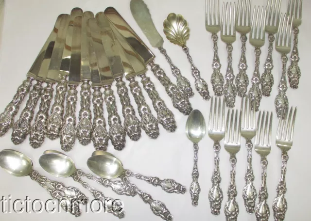 ANTIQUE WHITING LILY FLORAL STERLING SILVER FLATWARE SET 33pc 1,776g