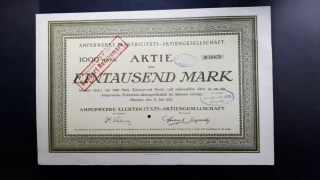 Aktie Amperwerke Elekricitäts-AG 1000 Mk 1922 München
