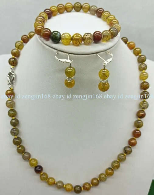 6/8/10/12mm Yellow Dragon Vein Agate Round Gemstone Necklace Bracelet Earrings