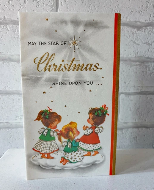 Vintage 1950's 1960's Angels Cherubs Star Cloud Christmas Greeting Card EB1740