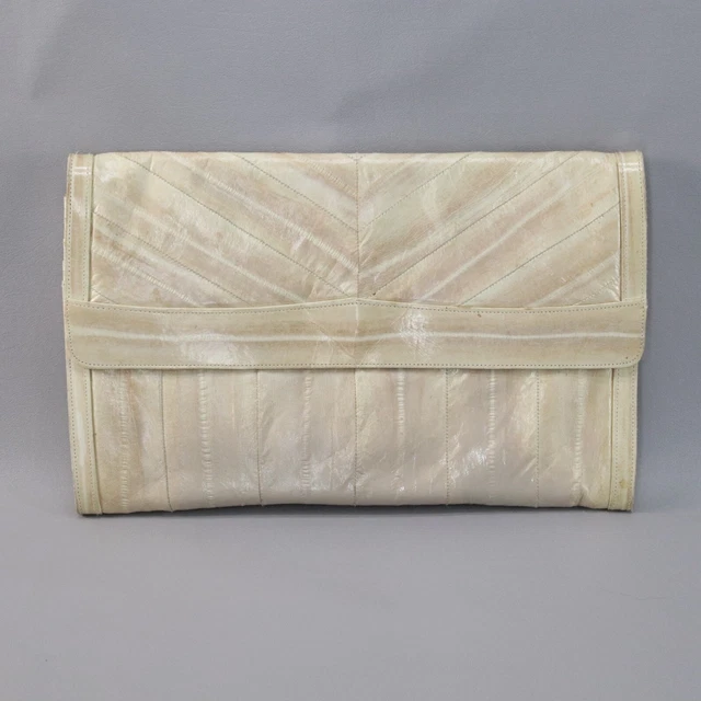 Classic Eel Skin Handbag Women Small Ivory Clutch Leather LIned Pouch Purse Bag