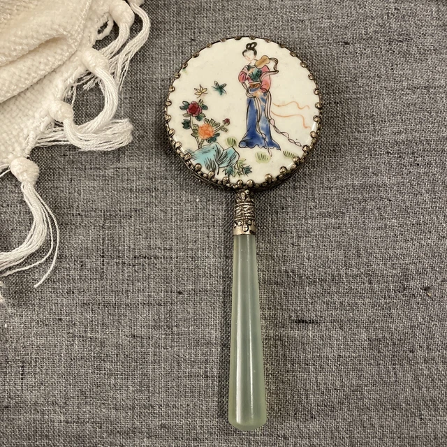 Vintage Japanese Mirror Hand Painted Porcelain Jade? Handle Ornate Metal Edge