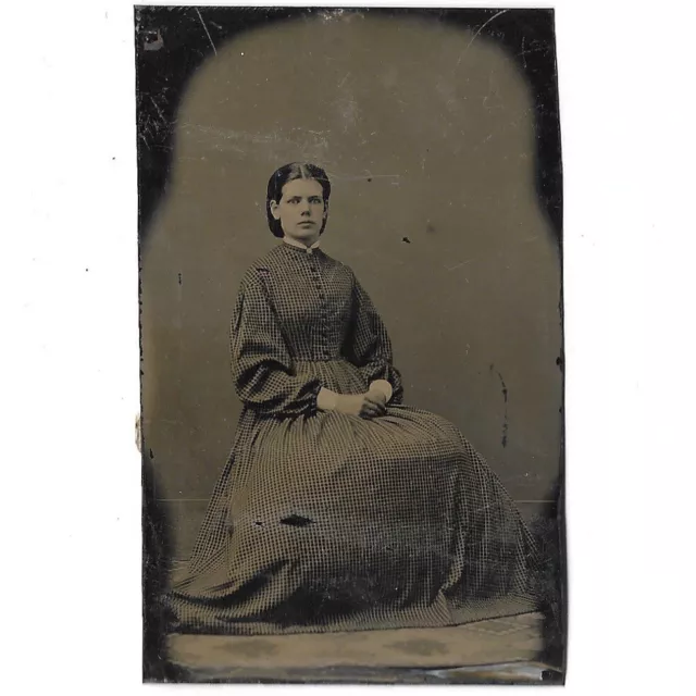 Antique Tin Type Photograph Young Woman Civil War Era Dress Vintage Portrait