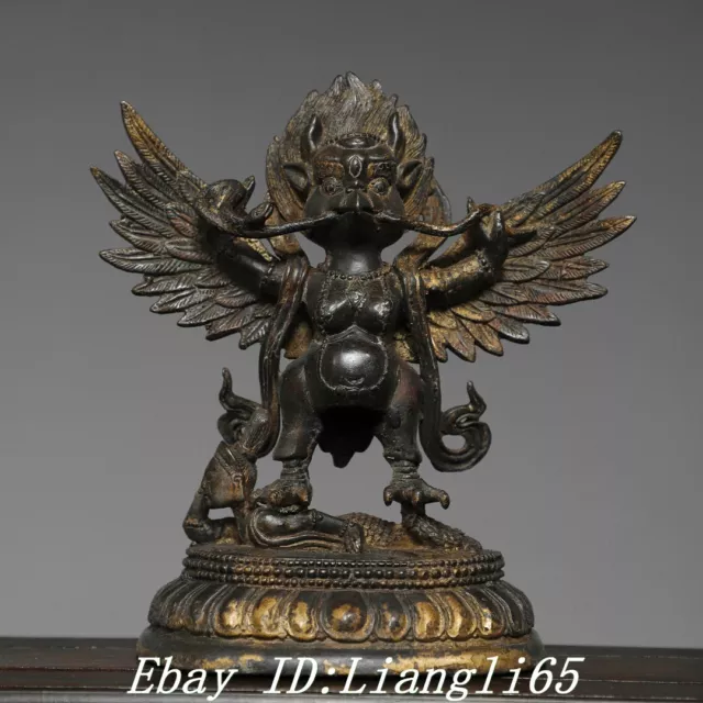 7'' Alte Tibet Bronze Gilt Stand Redpoll Winged Garuda Vogel Adler Buddha Statue