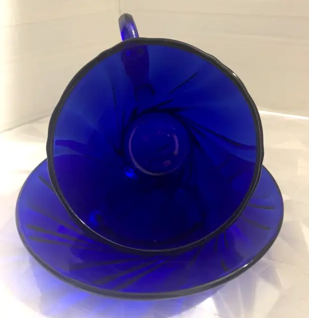 Vintage Vereco France Cobalt Blue Glass Coffee Cup & Saucer Set 2