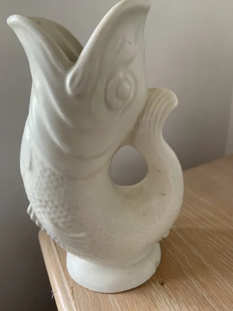 Vintage Dartmouth Devon Pottery Glug Gurgle Large Off White Fish Jug Vase 9”