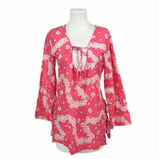 Letarte Handmade Swimsuit Cover Up Women’s Small Pink Beaded Cotton Tunic Floral