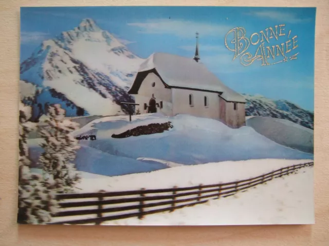 Cpa Divers : Bonne Annee. Eglise Montagne Neige. Carte Visio Relief 3D.