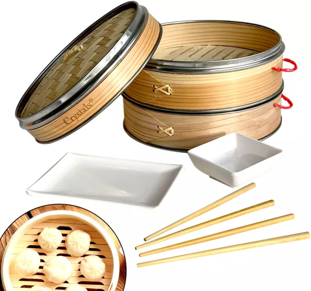 8 Inch Organic Dim Sum Bamboo Steamer with 2 Plates & 2 Pair Chopsticks