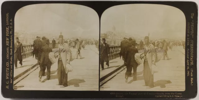 TURQUIE Constantinople Sur le Pont de Galata 1901 Photo Stereo Vintage 