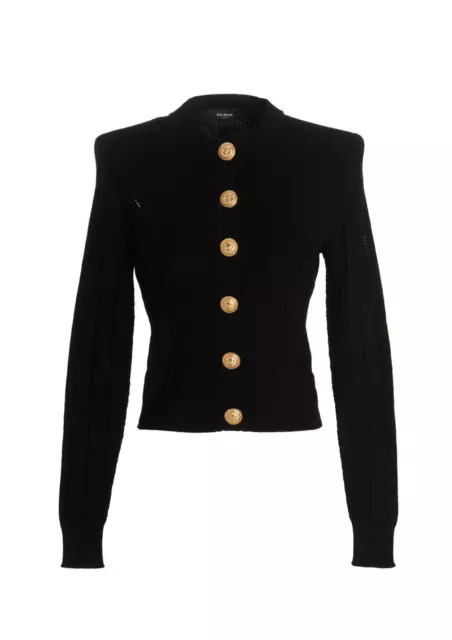Balmain Button Embellished Long Sleeve Knit Black Cardigan Size 8 AU