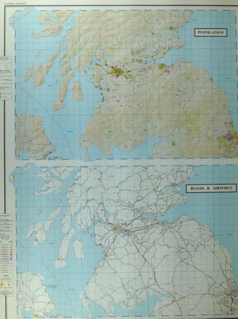 Vintage Large Map Southern Scotland Population Roads & Airports