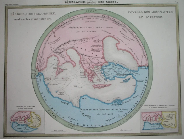 1838 Original Map Ancient World / Hesiod / Homer / Argonauts Expedition