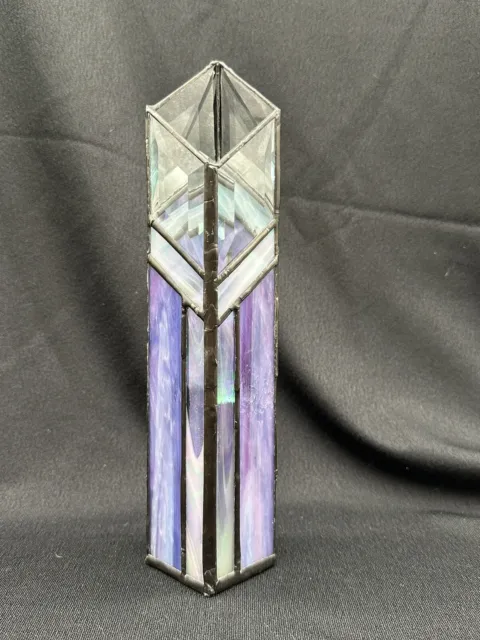 Leaded Stained Glass Bud Vase 11 Inches Purple White Clear Beveled Glass