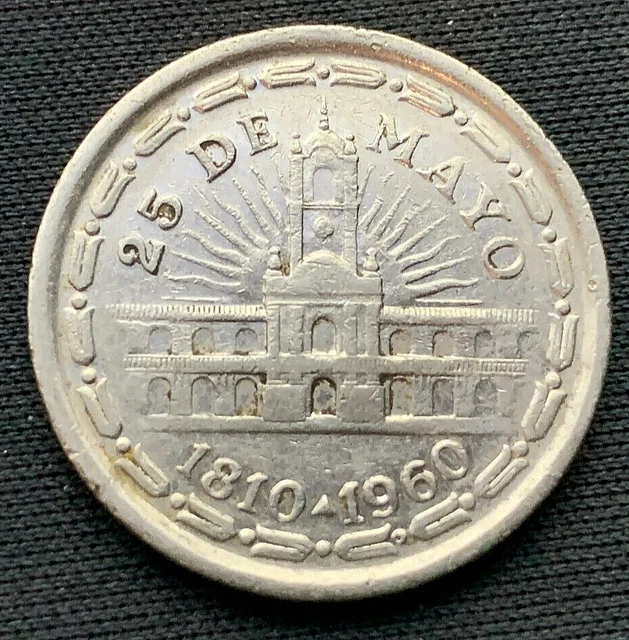1960 Argentina 1 Peso Coin AU UNC  ( May Revolution )  1 Year Issue   #K2083