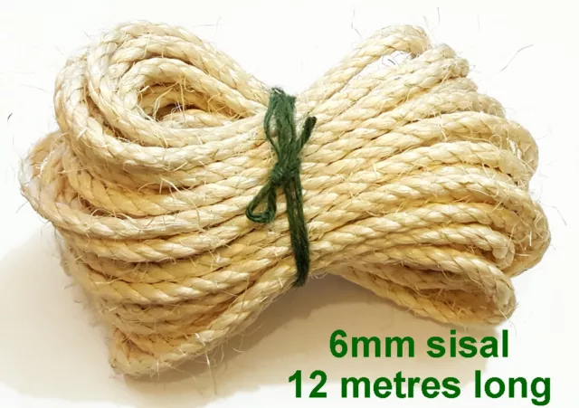 12m Long Sisal 6mm Rope Extra Strong Natural Eco Plant Fibre Craft DIY Pets Cats