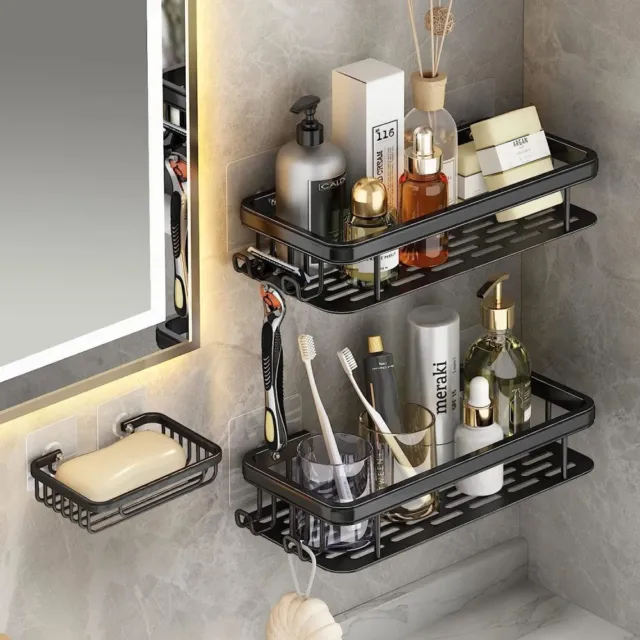 Shower Caddy with Soap Holder Adhesive Shower Shelf with Hooks No Drill Shower
