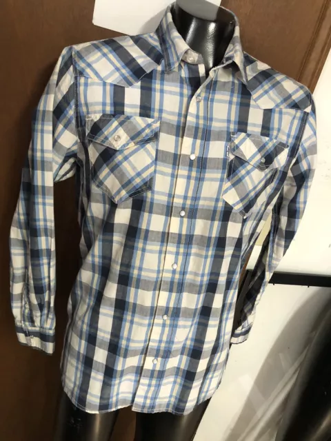 Levis Blue Navy White Plaid Pearl Snap Western SHIRT mens M Medium Modern/slim