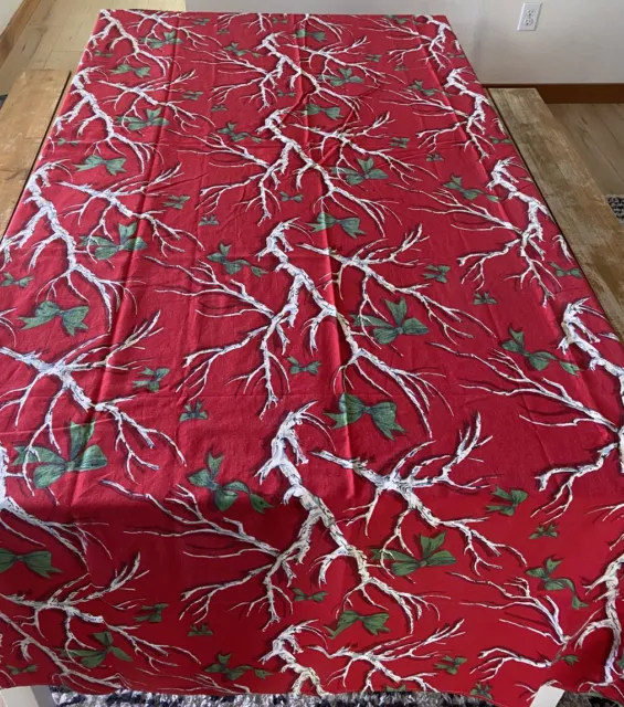 Huge 102" X 54 Red Christmas Tablecloth Indian Head Mills Fabric Bows & branches