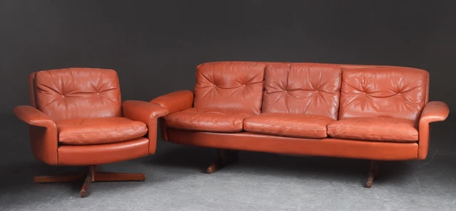 Vintage Danish Mid Century Skipper 4 Person  Sofa Set In Cognac Leather
