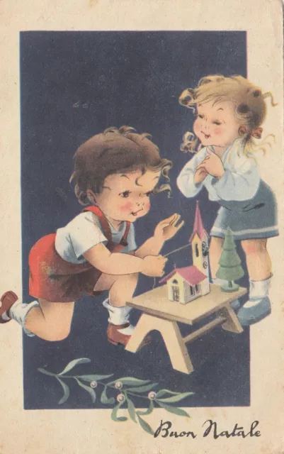 Cartolina +1 Auguri-Feste Buon Natale Bambini Giocattoli Giochi Viaggiata 1936