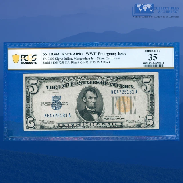 Fr.2307 1934A $5 Silver Certificate Yellow Seal "North Africa", PCGS 35 #25181