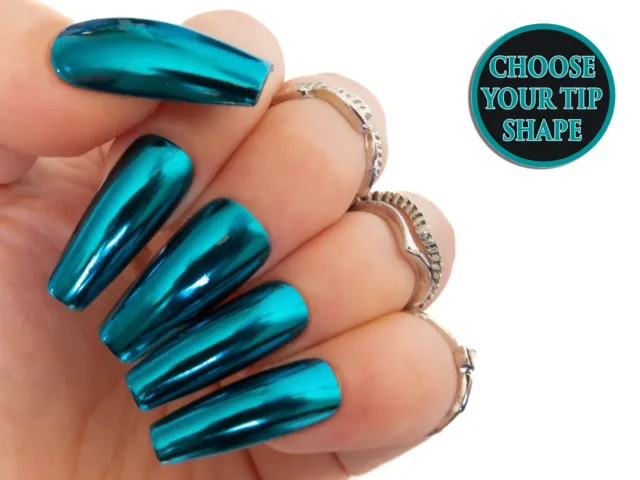 Teal Chrome Metallic Mirror Press On Glue On Gel False Nails with Glue and Tabs 2