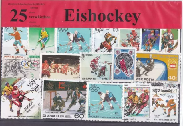 25 Briefmarken Eishockey Spieler Oly Torwart Eishockeyspieler Schläger Puck