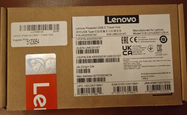 Lenovo Powered USB-C Travel Hub New 4X90S92381 Model L01UD027-CS-H