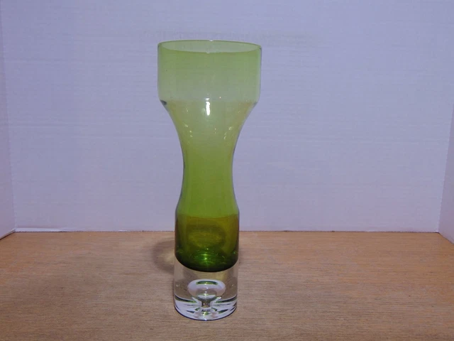Hand Blown Art Glass Vase Avocado Green Clear Controlled Bubble Base 9 1/2"