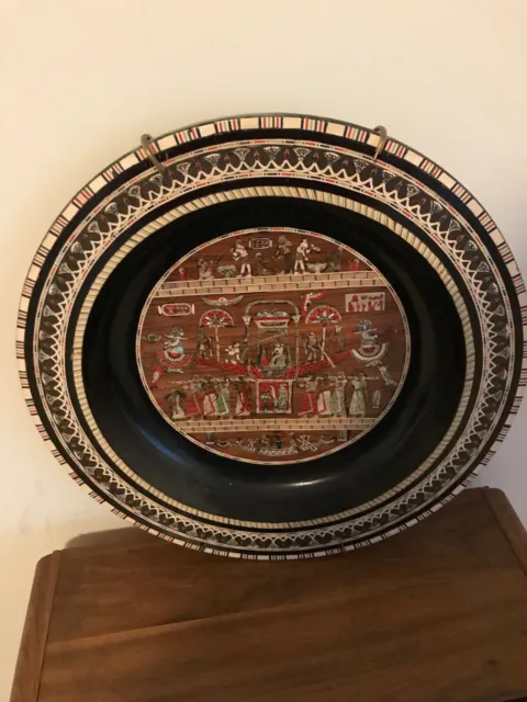 Egyptian theme wooden bowl inlaid w/ various materials including mother of pearl