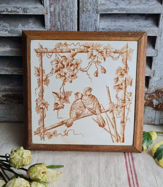 Dessous De Plat Ancien En Faïence - Carreau Décor Oiseaux - Marron - Trivette Vintage