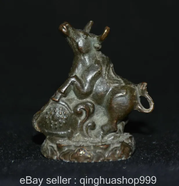 1.8" Old Chinese Copper Dynasty  Fengshui 12 Zodiac Bull Oxen Wealth Statue