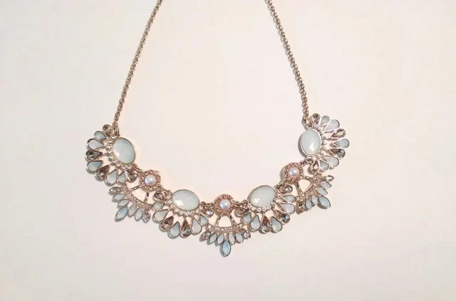 Charming Charlies Signed Faux Pearl & Rhinestone Necklace Goldtone VGC