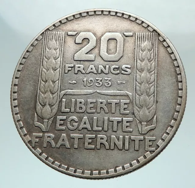 1933 FRANCE Authentic Large Silver 20 Francs Vintage French MOTTO Coin i80309