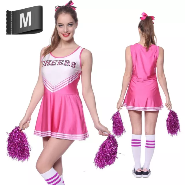 HALLOWEEN PINK CHEERLEADER FANCY DRESS OUTFIT High School Uniform Costume Pompom