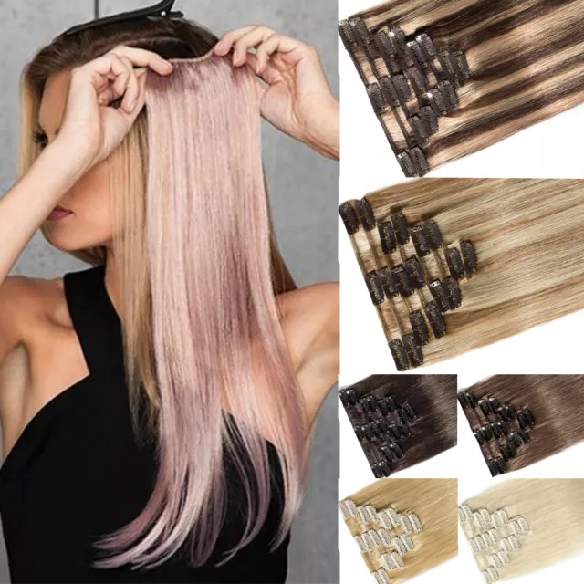 120G Thick Clip In Hair Extentions Straight 100% Remy Human Hair Full Head Ombre
