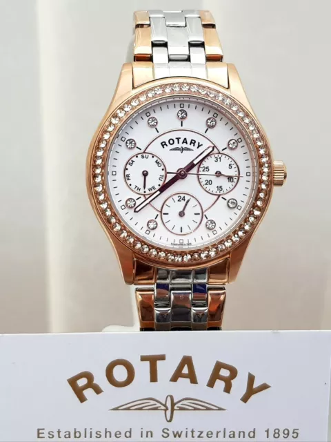 NEW Rotary Ladies Watch Day & Date Rose gold Two Tone Swarovski crystals RRP£189