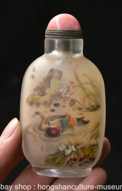 3.6" Old Chinese Glass Painting Dynasty Duck Snuff box Snuff Bottle Statue 2